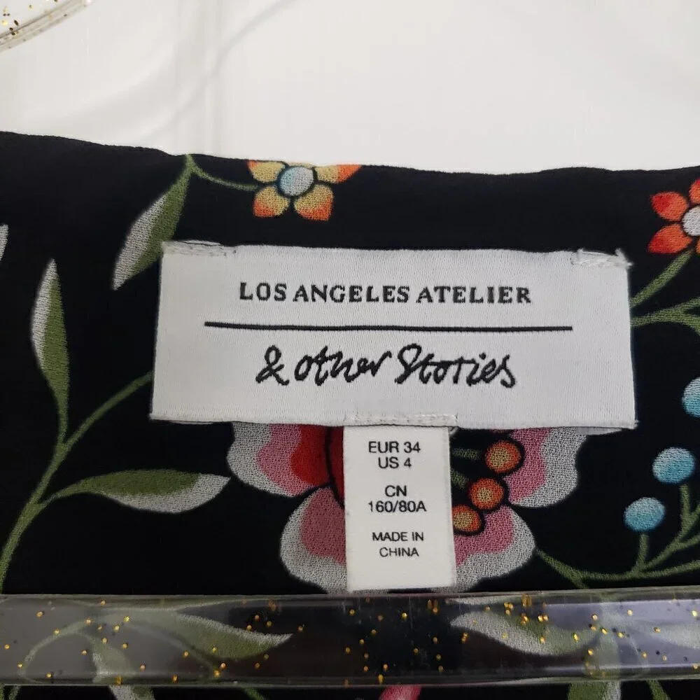 & Other Stories Dark Floral Midi Dress Cottage Lightweight Black Womens Size 4